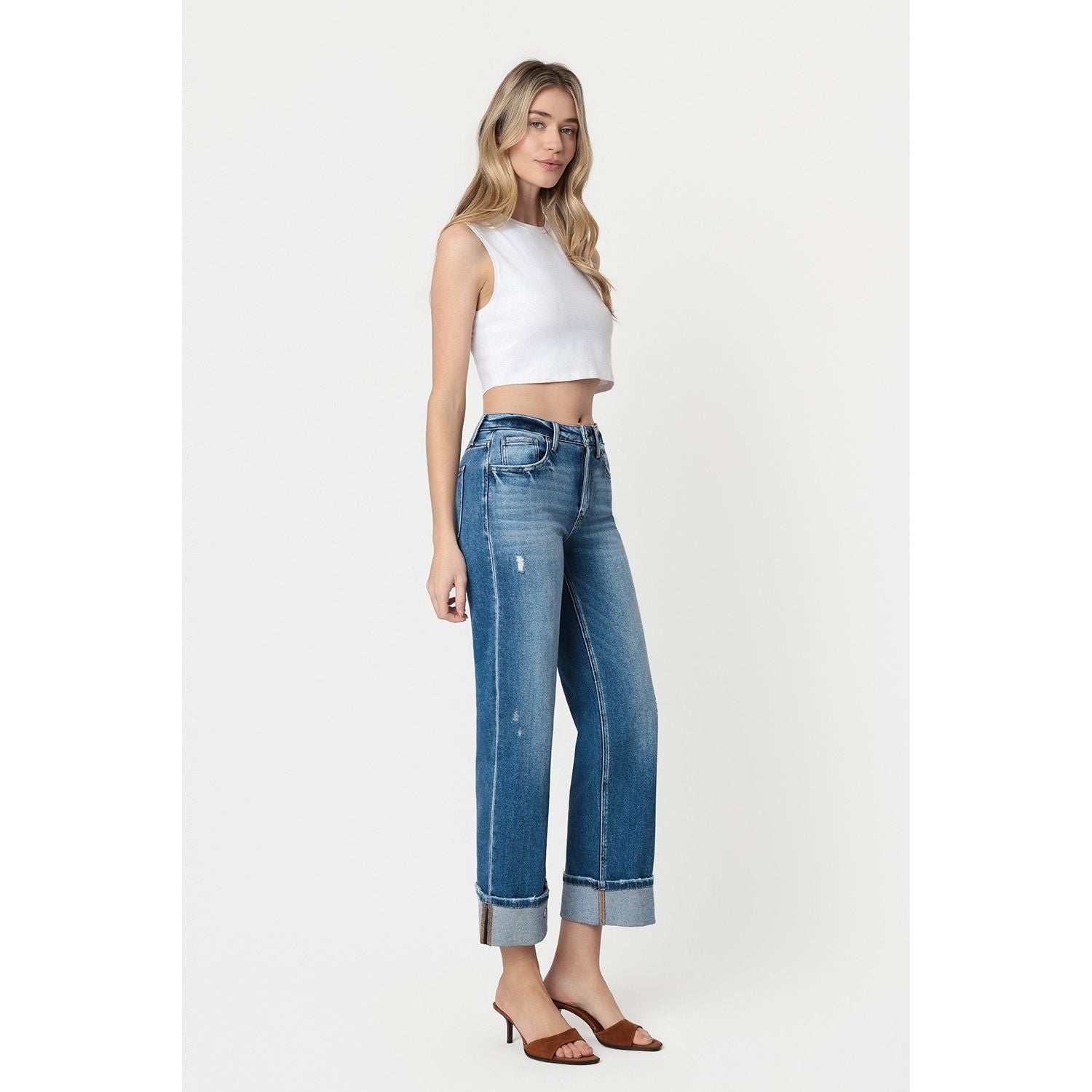 Women's Flying Monkey High Rise Medium Dark Wash Cuffed Slim Wide Jeans F5992