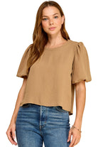 Women's Round Neck Solid Puff Sleeve Top 