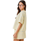Women's Yellow and Baby Blue Striped Boxy Drop Shoulder Lounge Sweatshirt Top A4291-4
