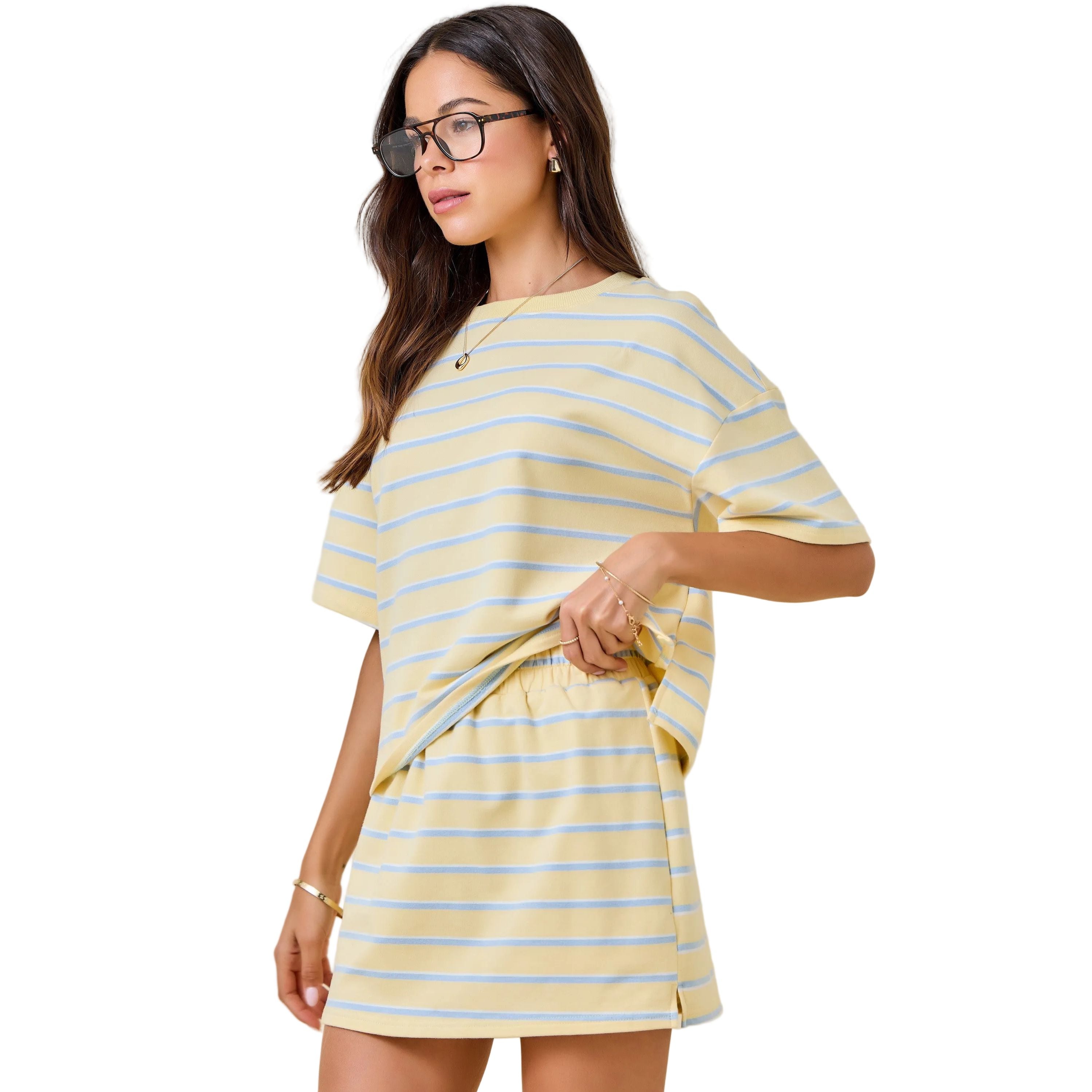 Women's Yellow and Baby Blue Striped Boxy Drop Shoulder Lounge Sweatshirt Top A4291-4