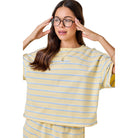 Women's Yellow and Baby Blue Striped Boxy Drop Shoulder Lounge Sweatshirt Top A4291-4