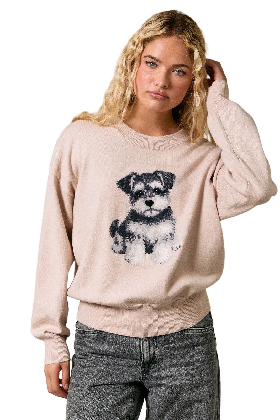 Women's Beige 'Schnauzer' Long Sleeve Crew Neck Sweater 