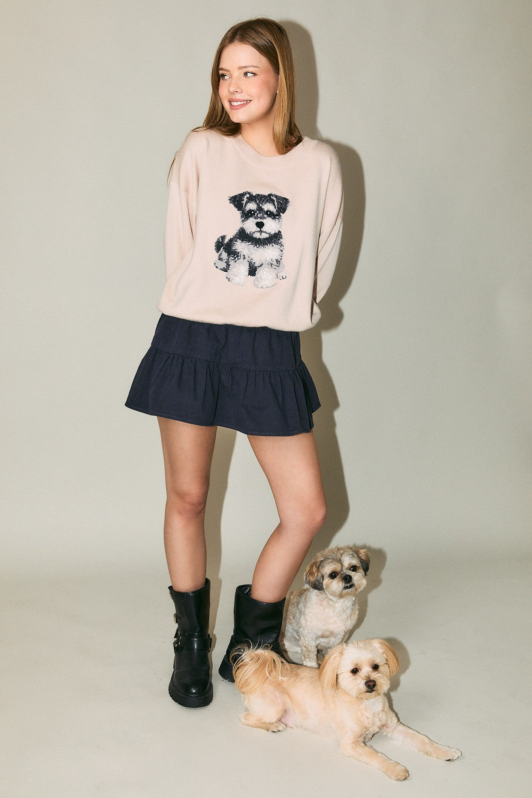Women's Beige 'Schnauzer' Long Sleeve Crew Neck Sweater 