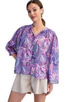 Women's Glam Purple Floral Print Button Down Blouse T8238