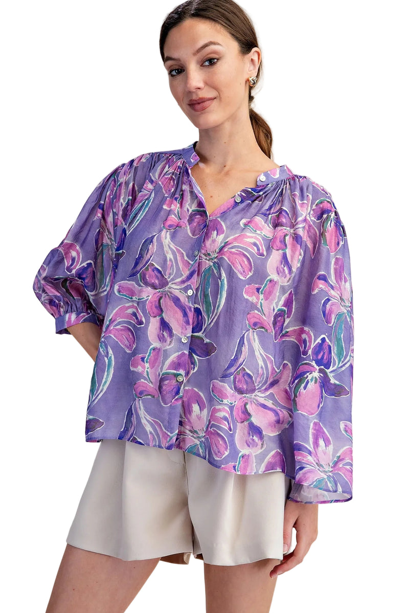 Women's Glam Purple Floral Print Button Down Blouse T8238
