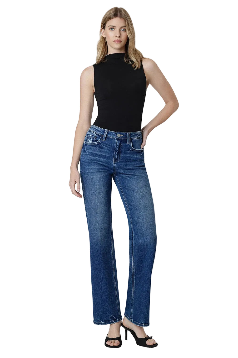 Loververt Women's Lush High Rise Full Length Dark Wash Slim Wide Jeans 