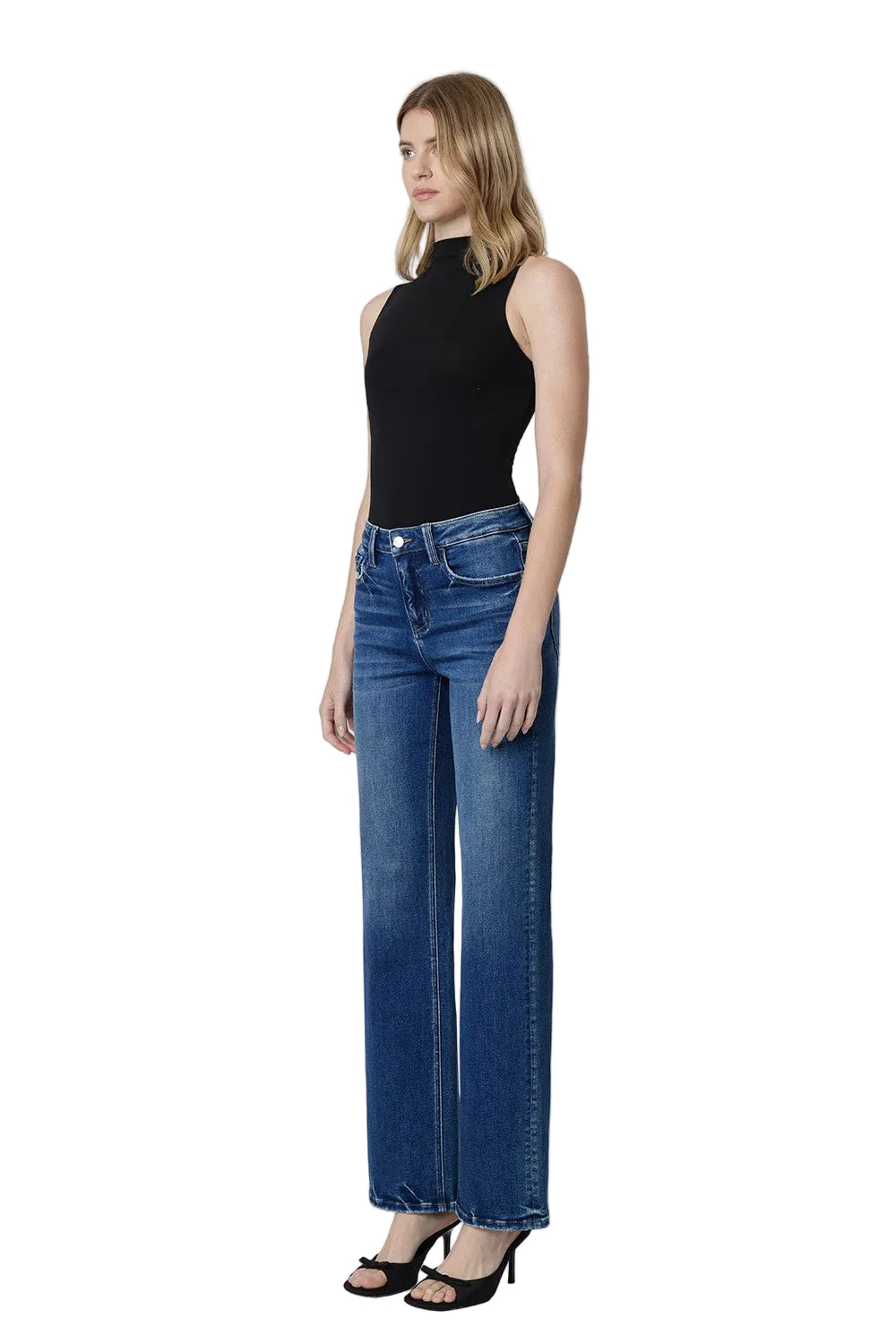 Loververt Women's Lush High Rise Full Length Dark Wash Slim Wide Jeans 
