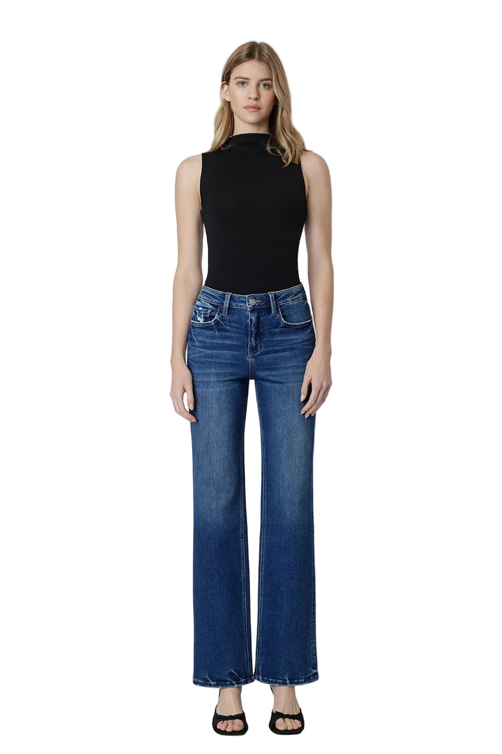 Loververt Women's Lush High Rise Full Length Dark Wash Slim Wide Jeans 