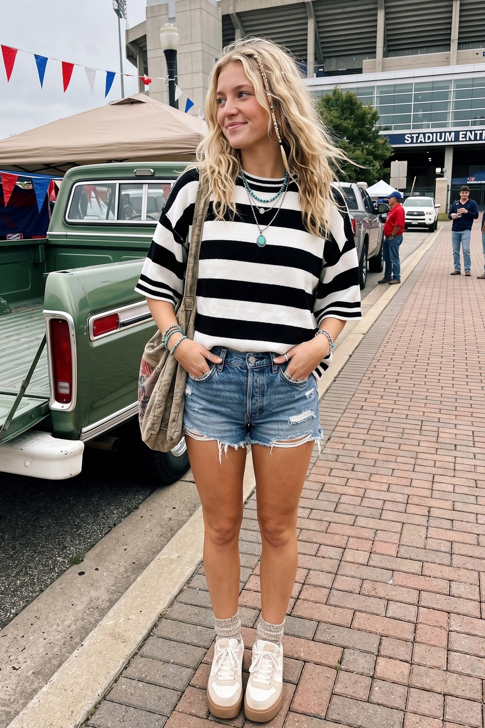 Women's Black and White Gameday Stripe Knit Oversized Top 