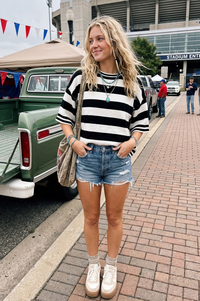 Women's Black and White Gameday Stripe Knit Oversized Top 