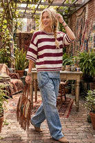 Women's Maroon and White Stripe Knit Oversized Top
