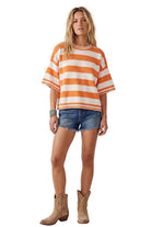 Women's Orange And White Gameday Stripe Knit Oversized Top SNS2332-ORG/WH