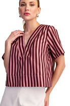 Glam Women's Burgundy/Dusty Rose V-neck Stripe Top Short Sleeve Top 