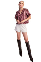 Glam Women's Burgundy/Dusty Rose V-neck Stripe Top Short Sleeve Top 