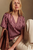 Glam Women's Burgundy/Dusty Rose V-neck Stripe Top Short Sleeve Top 