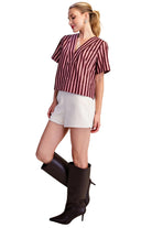 Glam Women's Burgundy/Dusty Rose V-neck Stripe Top Short Sleeve Top 