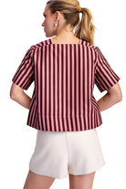 Glam Women's Burgundy/Dusty Rose V-neck Stripe Top Short Sleeve Top 