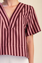 Glam Women's Burgundy/Dusty Rose V-neck Stripe Top Short Sleeve Top 