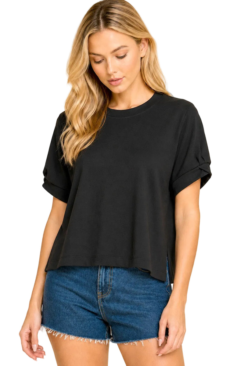 Les Amis Women's Black Solid Rolled Sleeve Relaxed Fit Top 