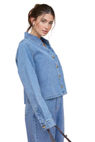Blu Pepper Women's Acid Wash Collared Long Sleeve Boxy Denim Shirt 