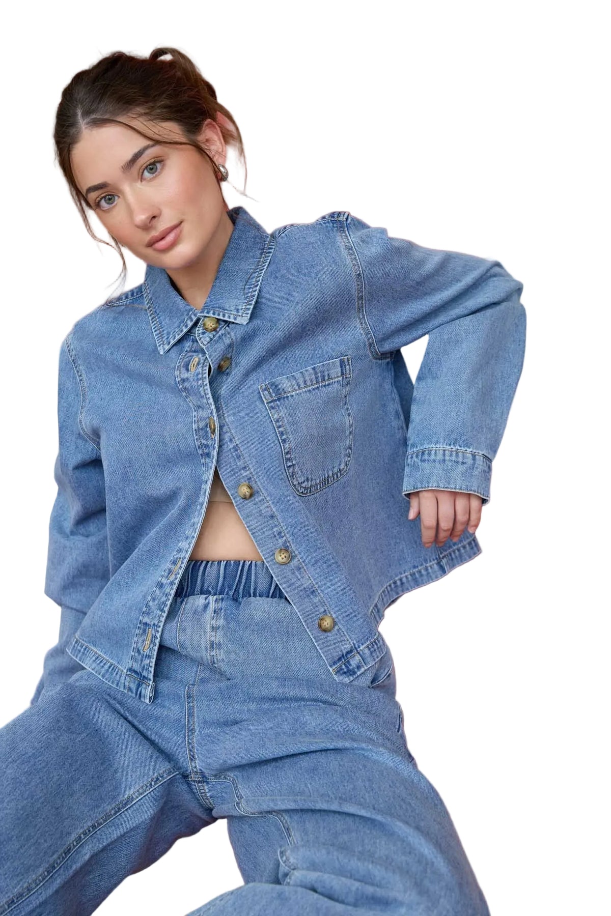 Blu Pepper Women's Acid Wash Collared Long Sleeve Boxy Denim Shirt 