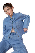 Blu Pepper Women's Acid Wash Collared Long Sleeve Boxy Denim Shirt 