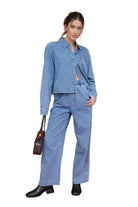 Blu Pepper Women's Acid Wash Collared Long Sleeve Boxy Denim Shirt 