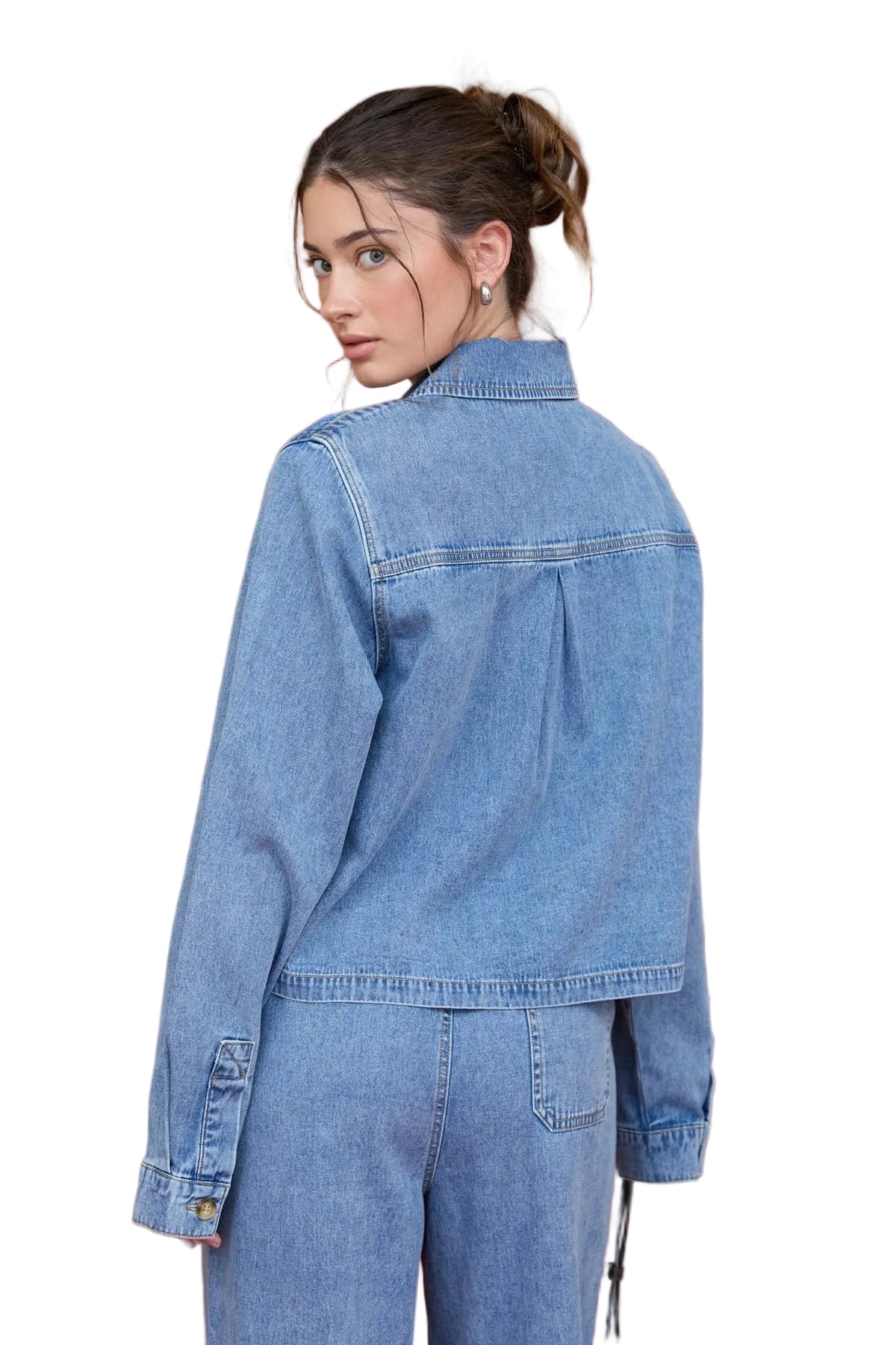 Blu Pepper Women's Acid Wash Collared Long Sleeve Boxy Denim Shirt 