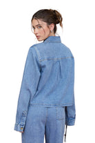 Blu Pepper Women's Acid Wash Collared Long Sleeve Boxy Denim Shirt 