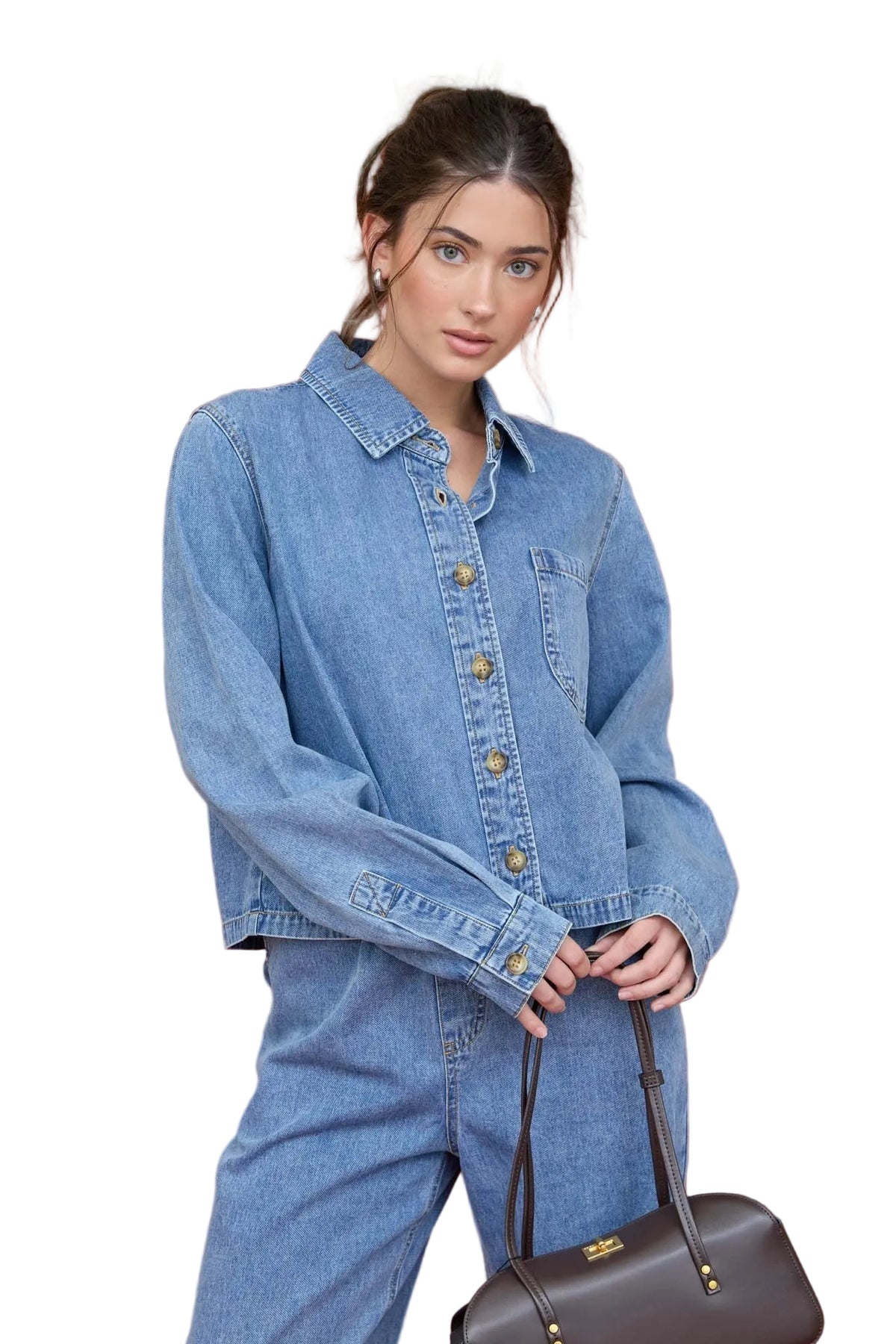 Blu Pepper Women's Acid Wash Collared Long Sleeve Boxy Denim Shirt 