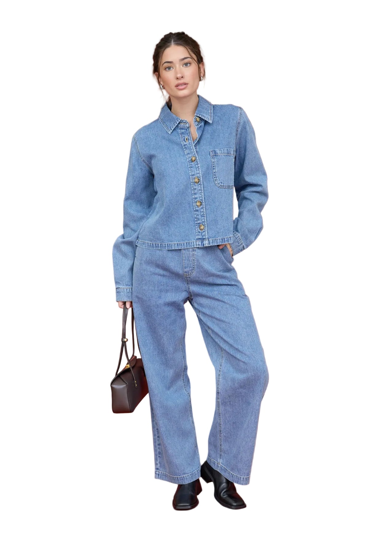 Blu Pepper Women's Acid Wash Collared Long Sleeve Boxy Denim Shirt 