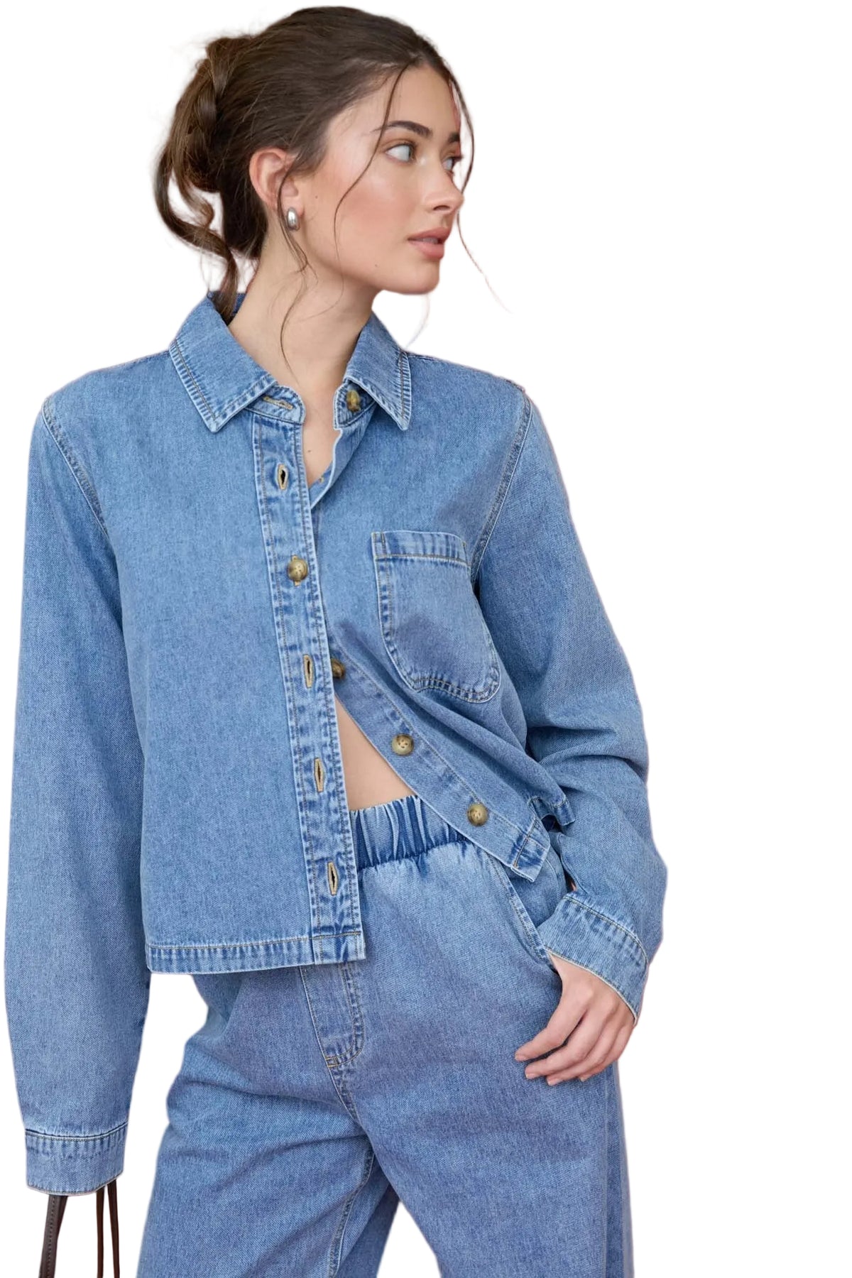 Blu Pepper Women's Acid Wash Collared Long Sleeve Boxy Denim Shirt 