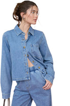 Blu Pepper Women's Acid Wash Collared Long Sleeve Boxy Denim Shirt 