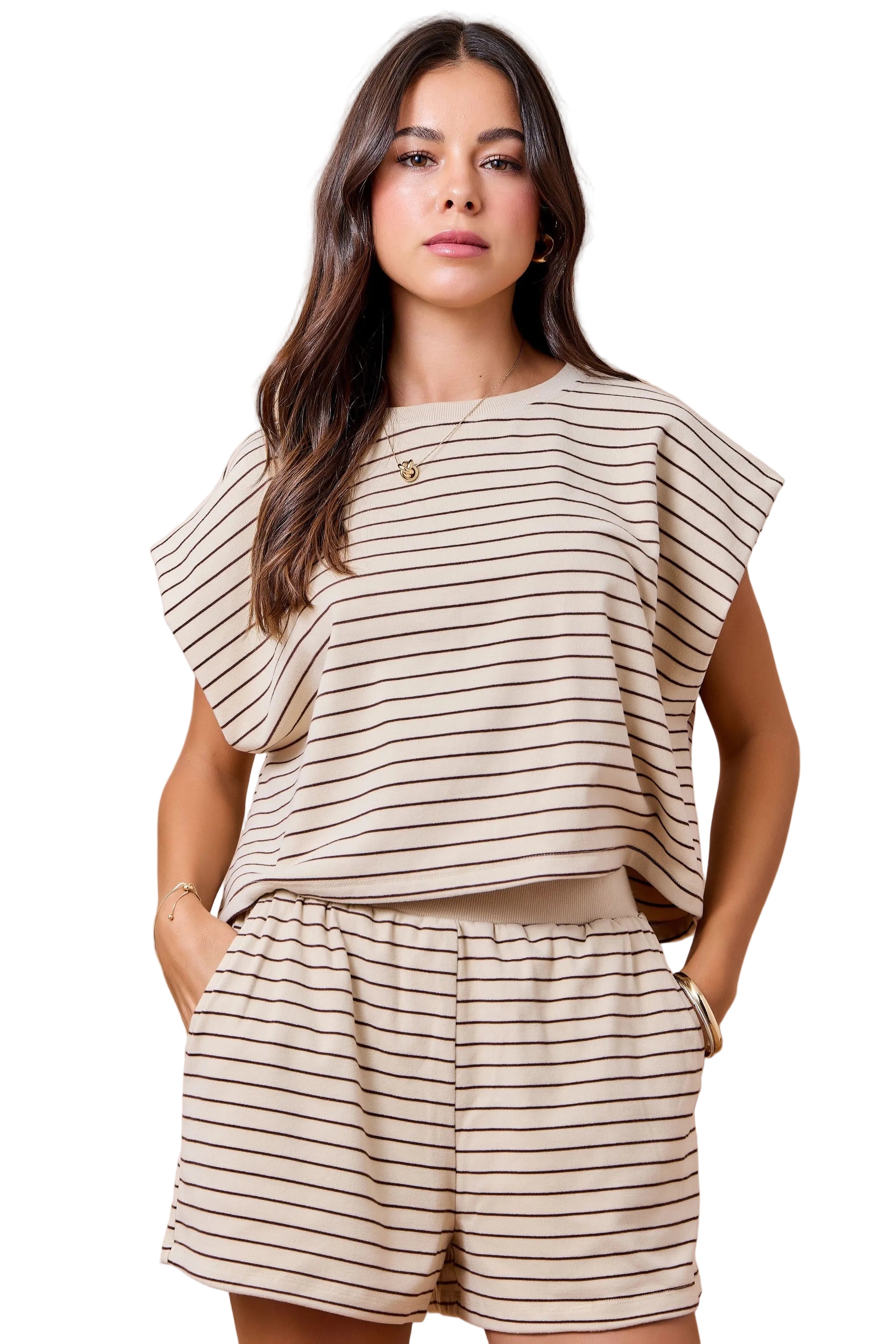 Women's Tan/Brown Boxy Stripe Sleeveless Lounge Top