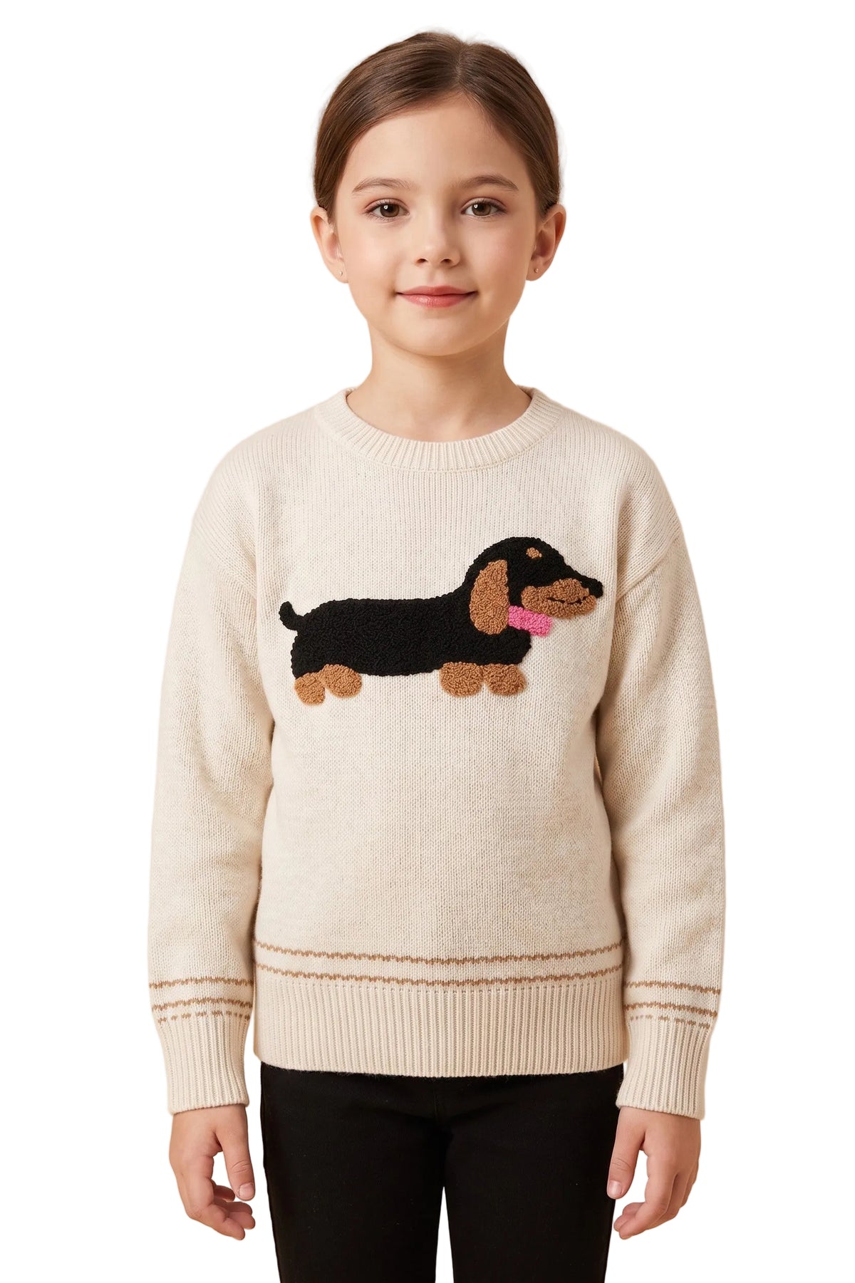 Hayden Girl's Oatmeal Fuzzy Dachshund Applique Knit Sweater GY3411-OAT