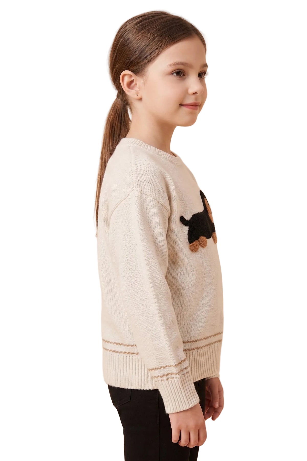 Hayden Girl's Oatmeal Fuzzy Dachshund Applique Knit Sweater GY3411-OAT