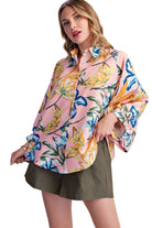Women's Glam Baby Pink Floral Button Front Balloon Wide Long Sleeve Shirt T9134