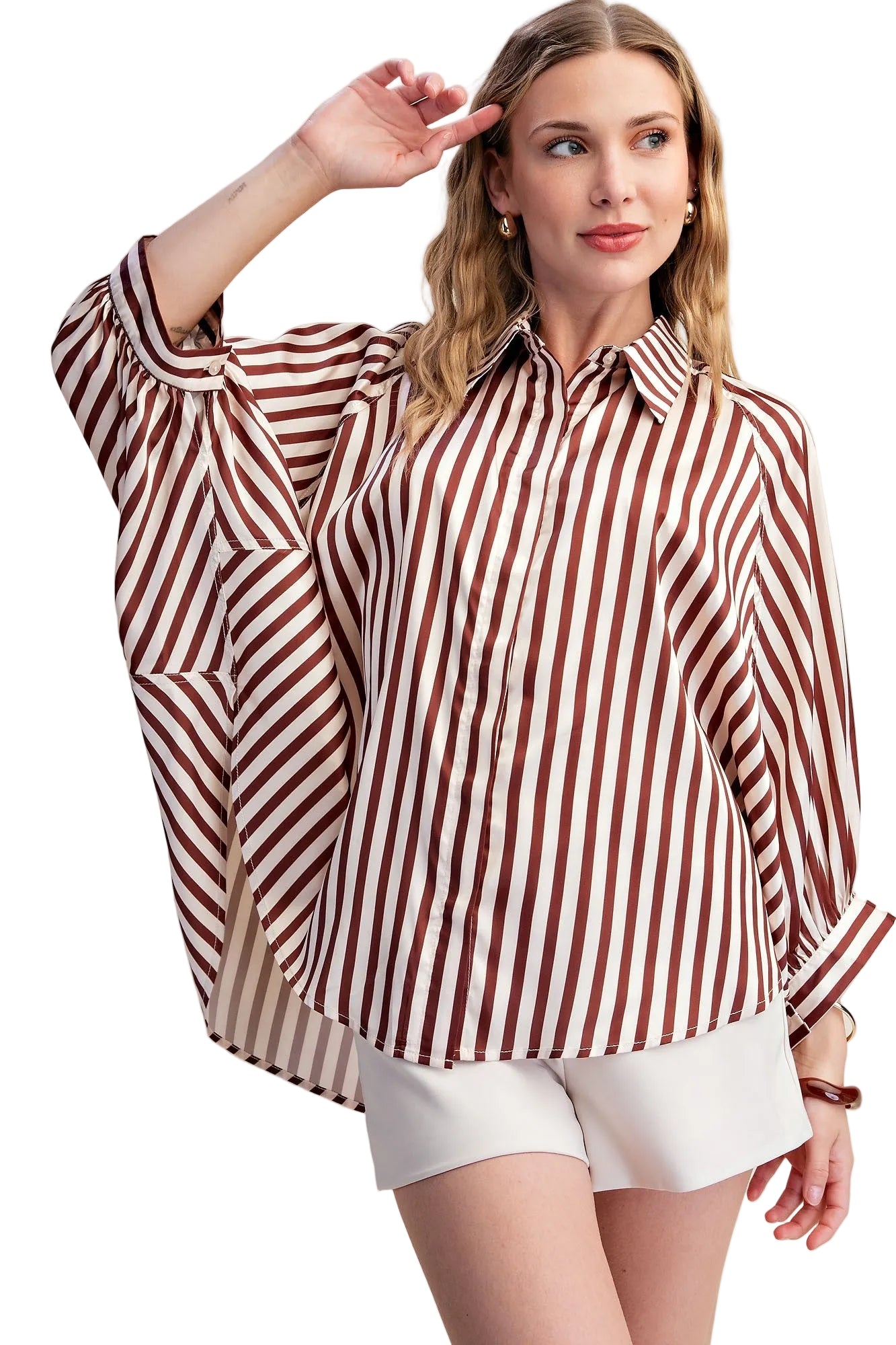 Glam Women's Stripe Wide Puff Sleeve Button Down Shirt 