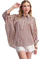 Glam Women's Stripe Wide Puff Sleeve Button Down Shirt 