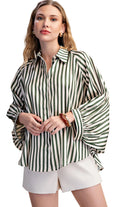 Glam Women's Stripe Wide Puff Sleeve Button Down Shirt 