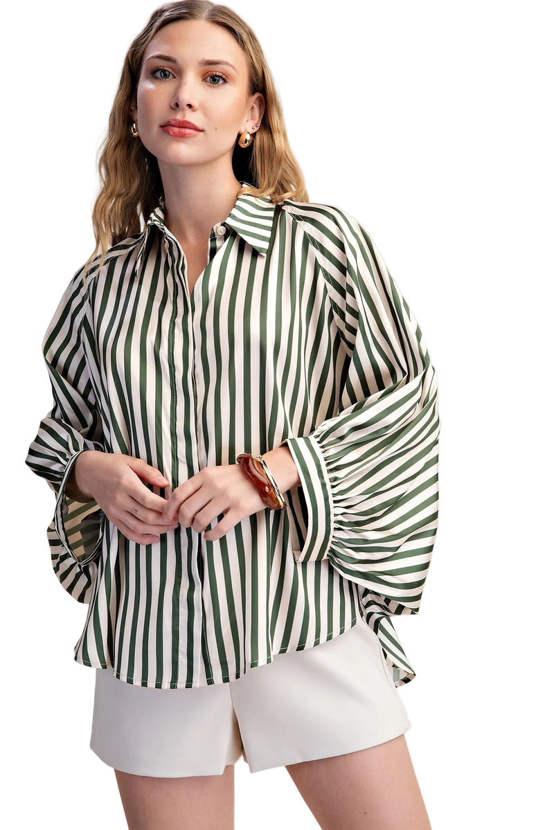 Glam Women's Stripe Wide Puff Sleeve Button Down Shirt 