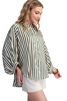 Glam Women's Stripe Wide Puff Sleeve Button Down Shirt 