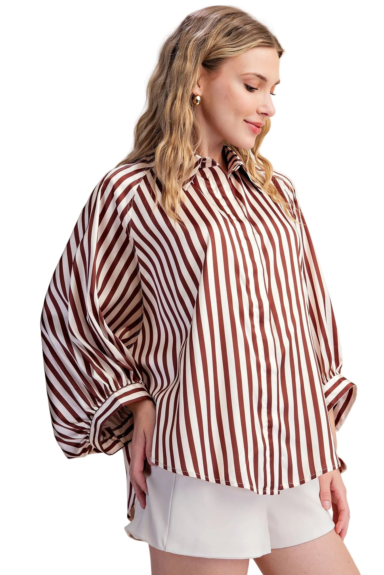 Glam Women's Stripe Wide Puff Sleeve Button Down Shirt 