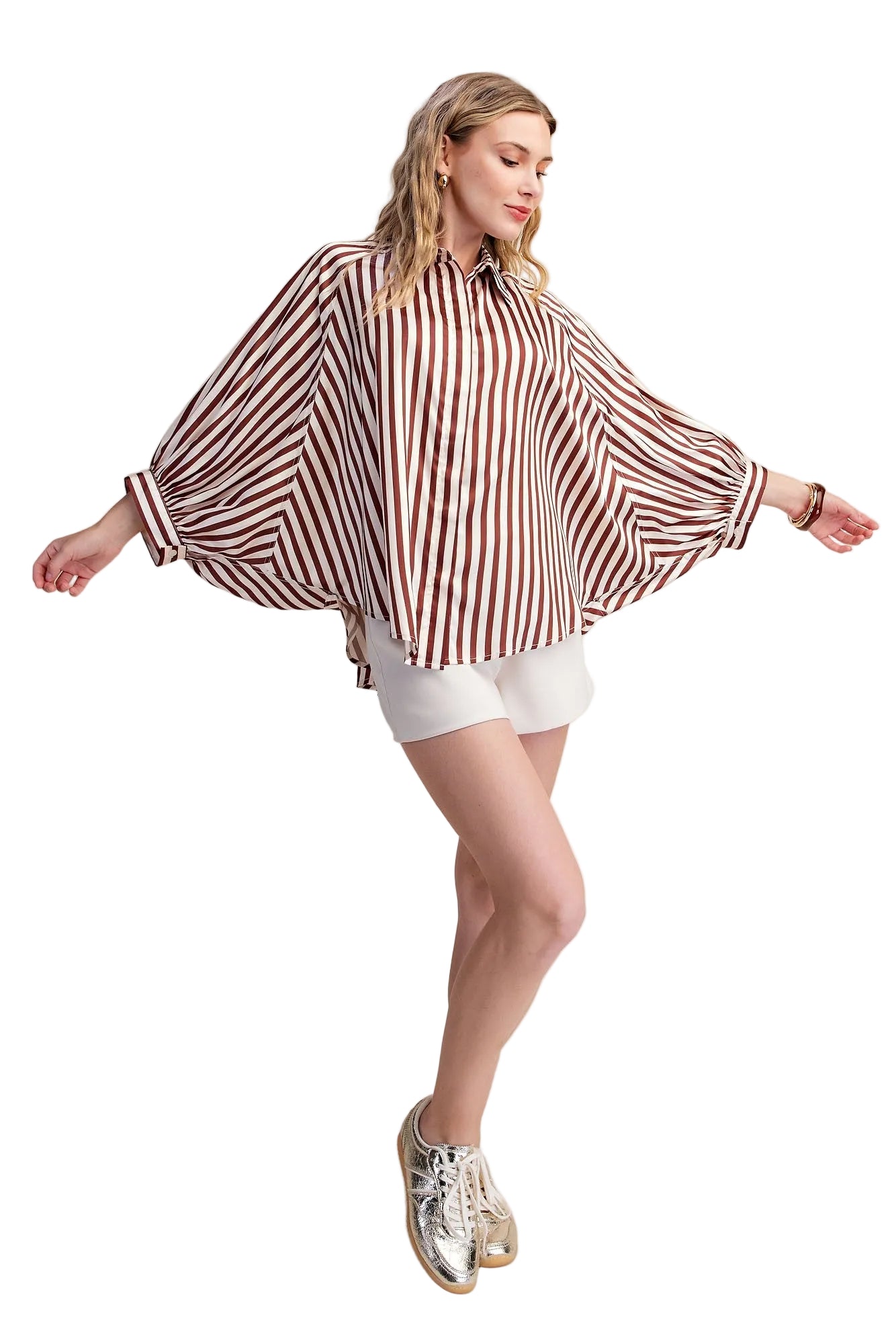Glam Women's Stripe Wide Puff Sleeve Button Down Shirt 