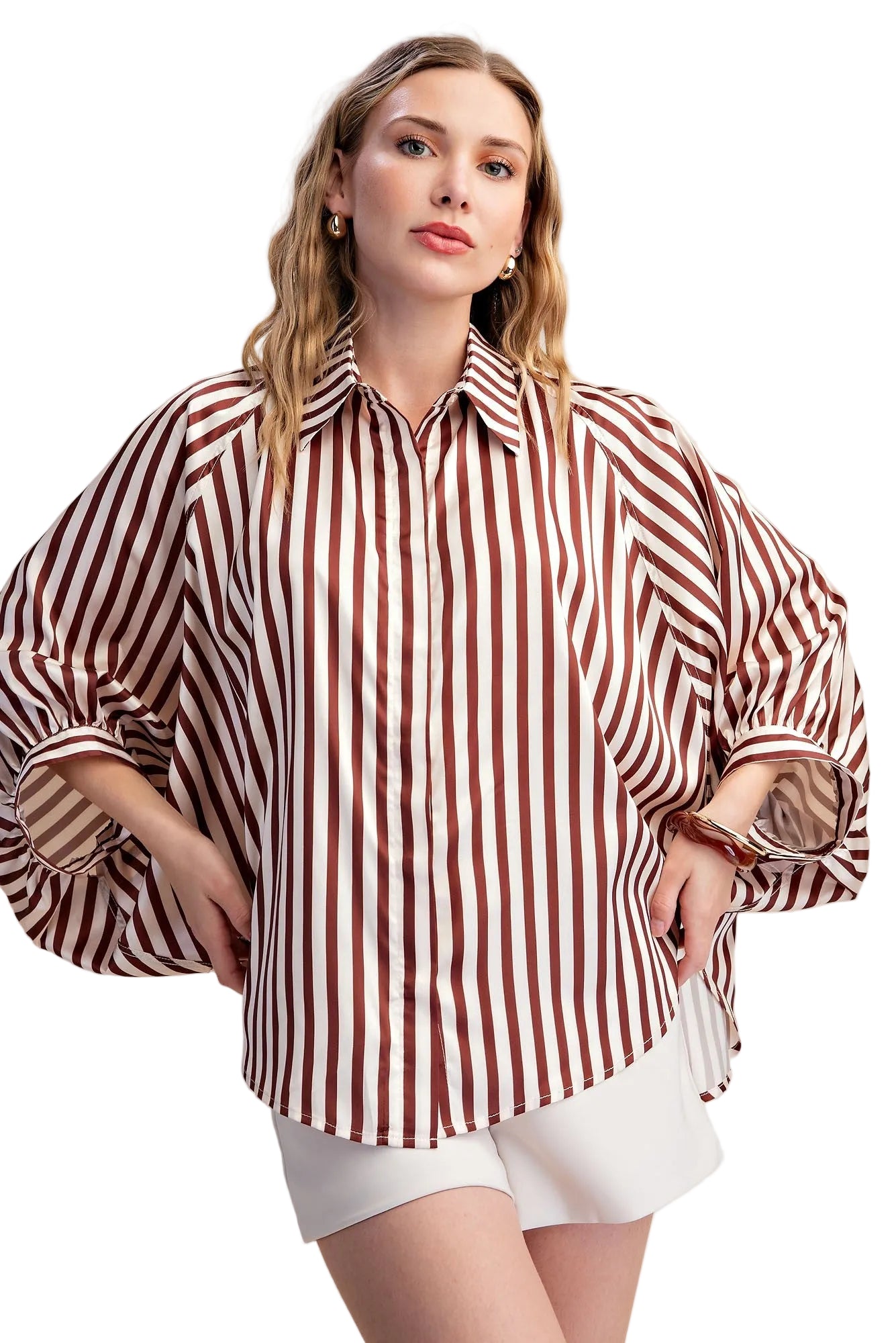 Glam Women's Stripe Wide Puff Sleeve Button Down Shirt 