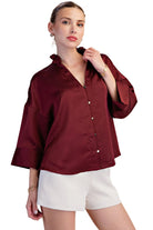 Glam Women's Burgundy V-neck Metal Button Down Shirt 