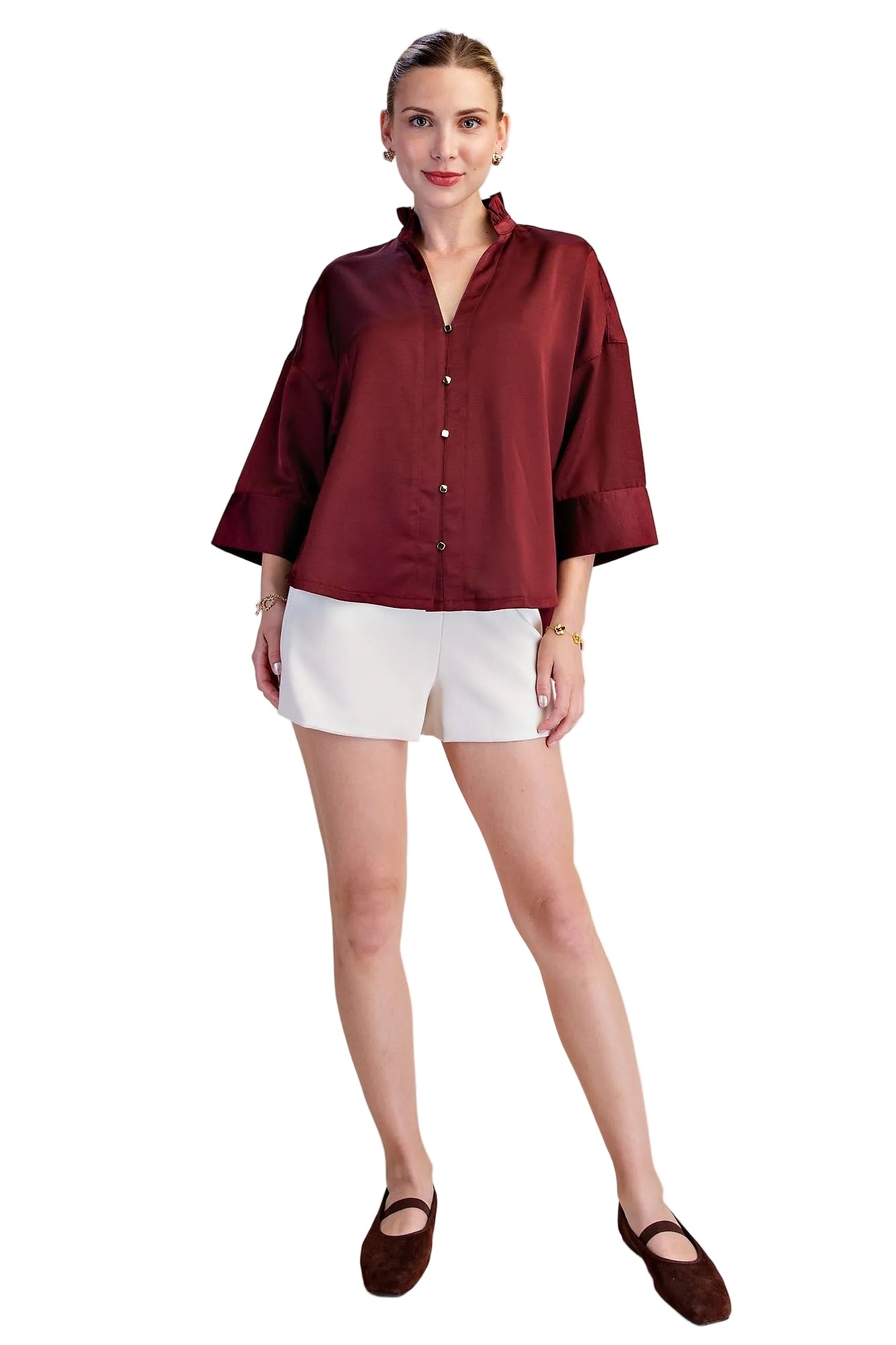 Glam Women's Burgundy V-neck Metal Button Down Shirt 