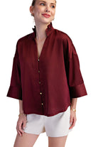 Glam Women's Burgundy V-neck Metal Button Down Shirt 