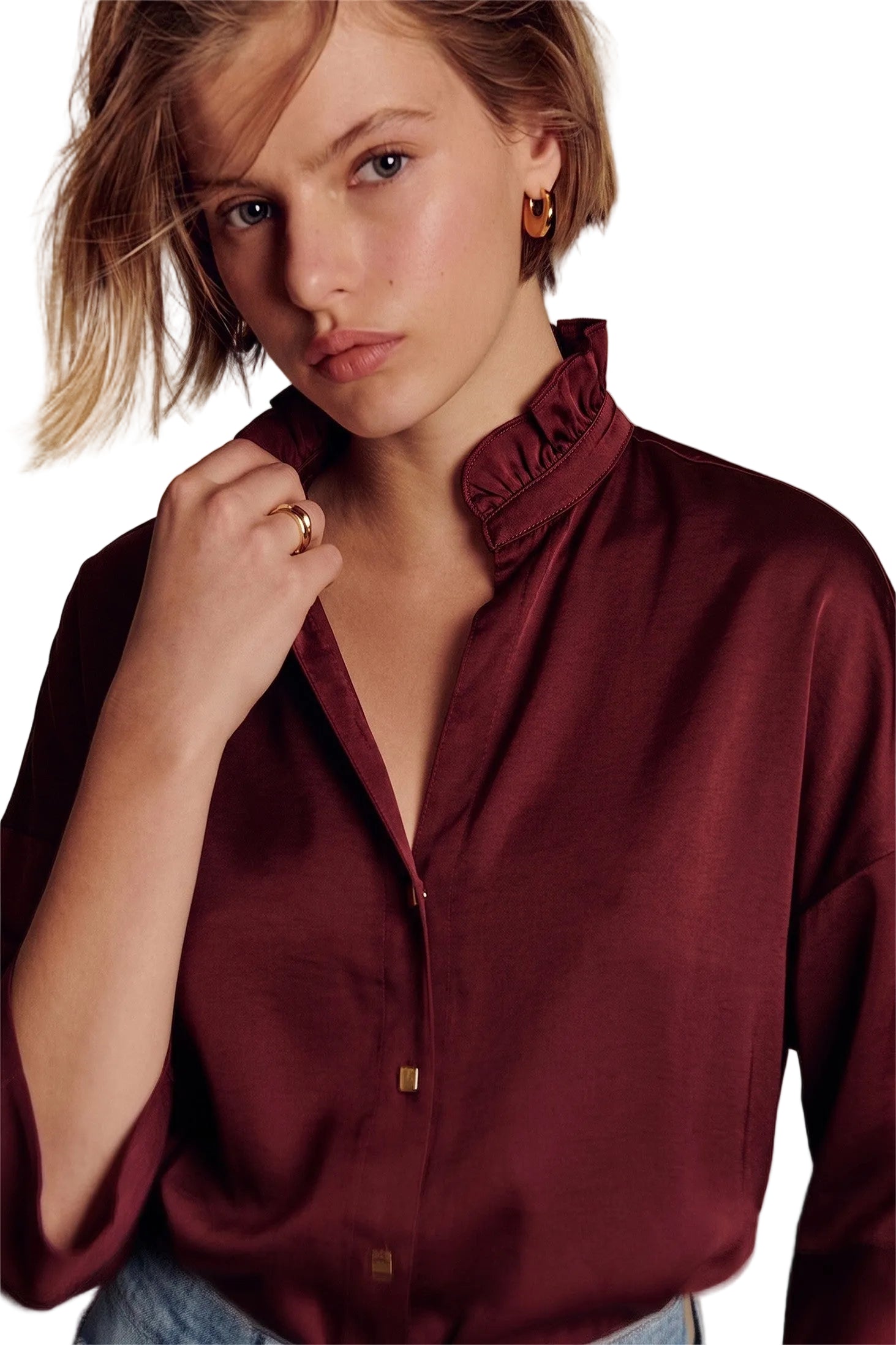 Glam Women's Burgundy V-neck Metal Button Down Shirt 