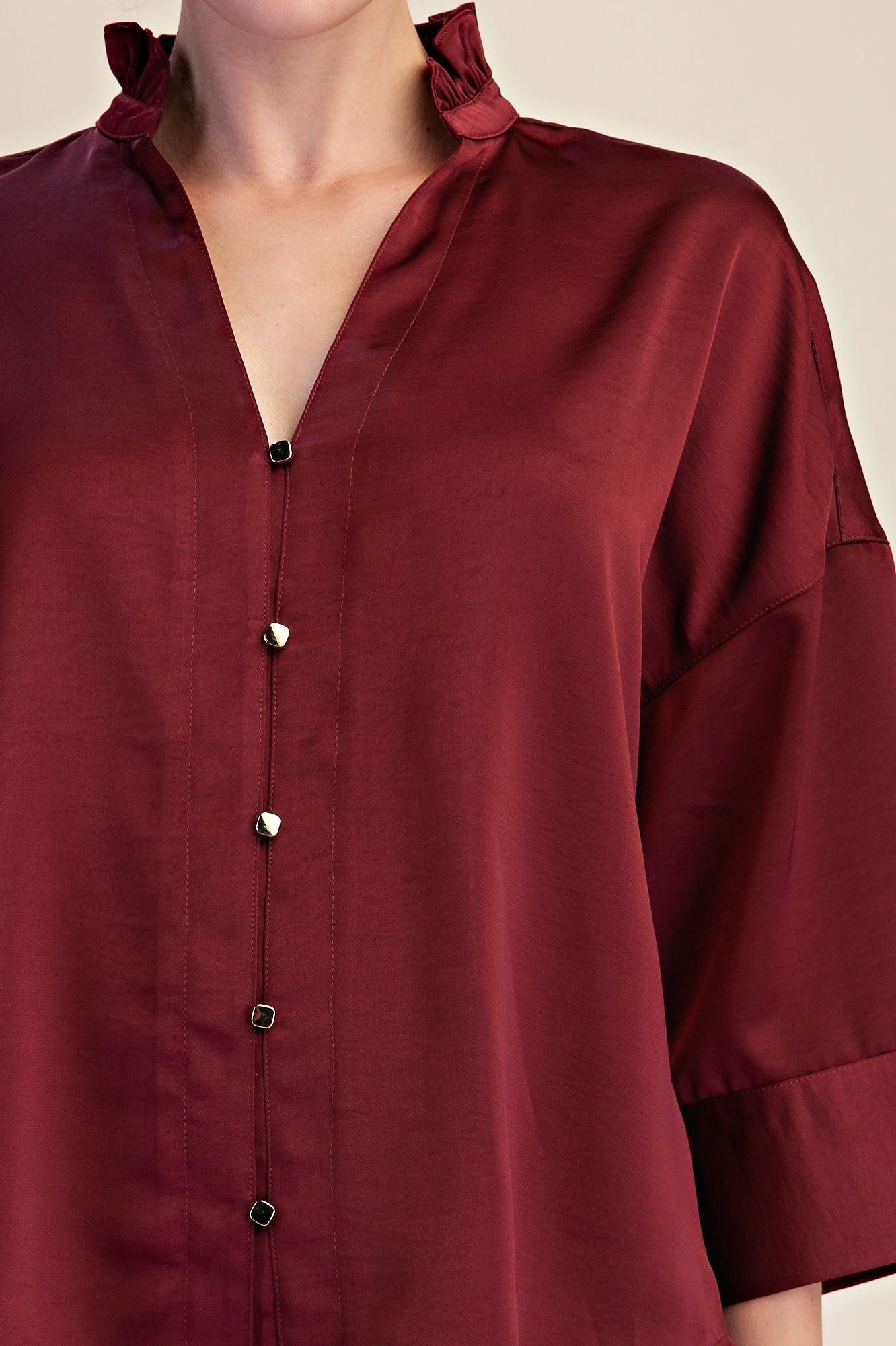 Glam Women's Burgundy V-neck Metal Button Down Shirt 
